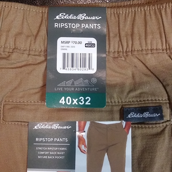 !NWT MENS EDDIE BAUER RIPSTOP PANTS,KHAKI, 40X32,NWT! - Picture 6 of 6